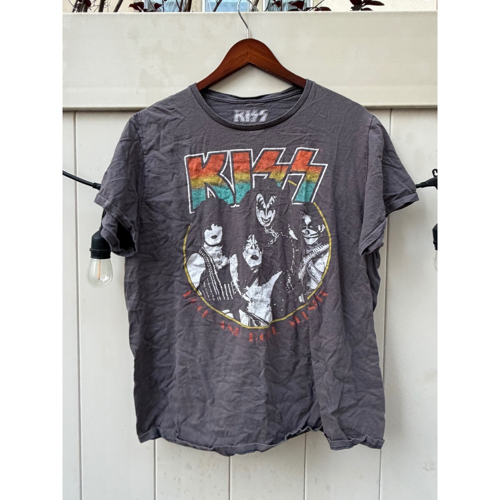 Kiss Rock Band Graphic T-Shirt Mens Large Gray Mad Engine Rock and Roll All Nite